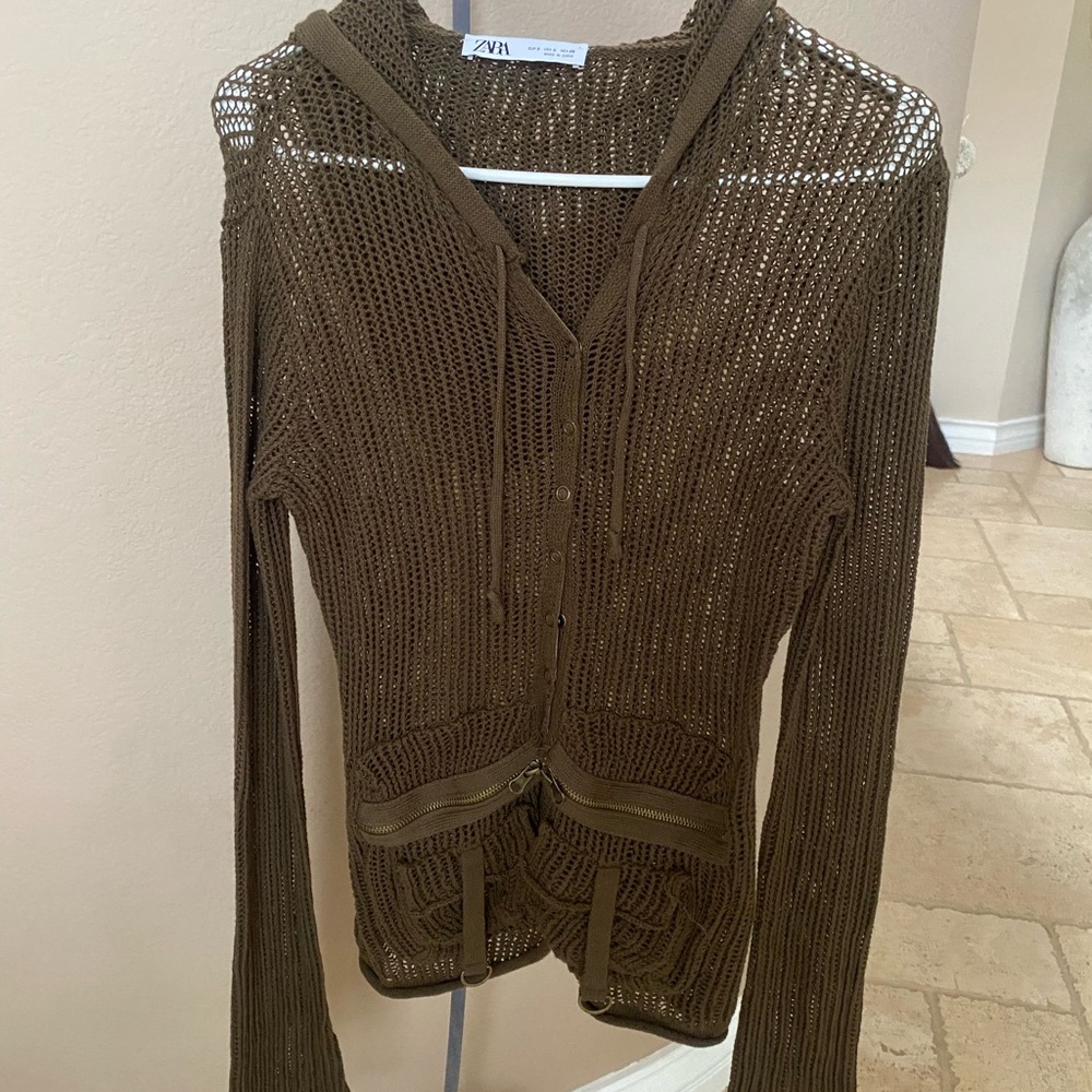Zara  Cardigan with Ribbed Knit and Waist Tie